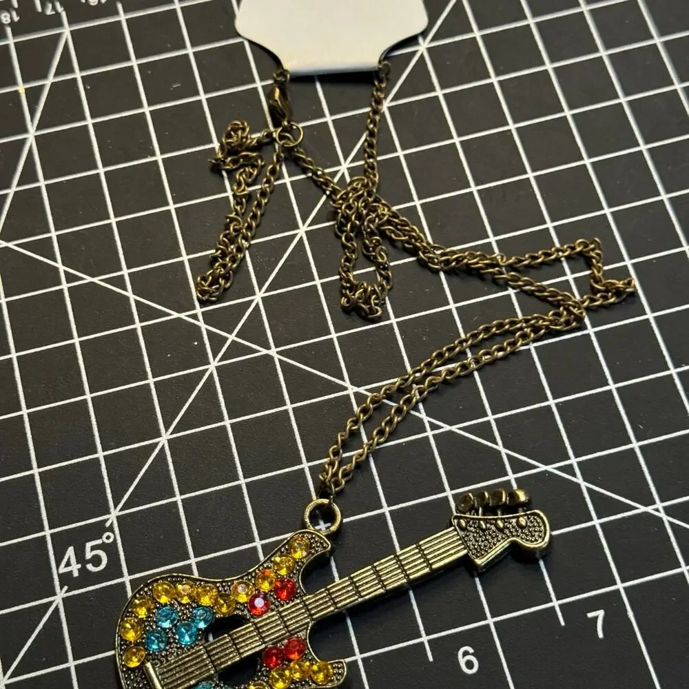 Antique Bronze Multi-Colored Rhinestone Guitar Necklace
